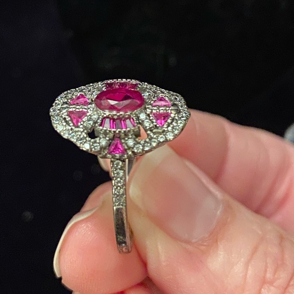 Vintage Art Deco Style Oval Ruby Lab Created Diamond Sterling Silver Ring 9.75 - Picture 4 of 12